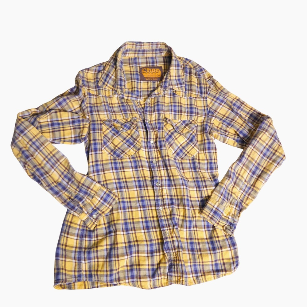 Chor Mens XL Pearl Snap Button LS Western Cotton Shirt Yellow Purple Plaid